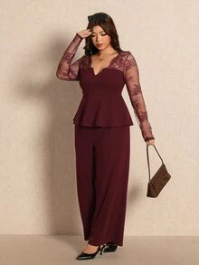 Elaquor Plus Size Elegant Lace Patchwork Top And Loose Long Pants 2 Pieces Set Fall/Winter Elegant 2 Pieces Set For Women Fall/Winter - Burgundy - View 3