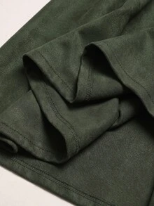 SHEIN 青少年女孩秋冬四季通用黑色羅紋與軍綠色麂皮拼接中長洋裝，優雅不對稱單肩設計，金色花朵裝飾，單肩長洋裝，舞會禮服，畢業禮服，優雅下午茶穿搭 - 軍綠色 - 查看 6