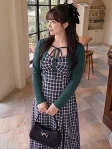 Bijouette Plus Size Korean Style Plaid Cami Dress With Lace-Up Long Sleeve Cardigan 2 Pieces Set Fall - Navy Blue - View 4