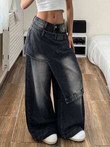 StreetHx Women's Hot Girl Hip Hop Faux Two-Piece Waist Denim Jeans - Black - View 4