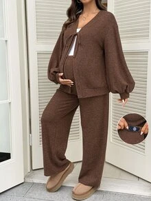 SHEIN Fall Maternity Solid Color Front Tie Drop Shoulder Long Sleeve Jacket And Adjustable Waist Wide Leg Pants Casual Loose Fit 2 Pieces Set Brown - Brown - View 1