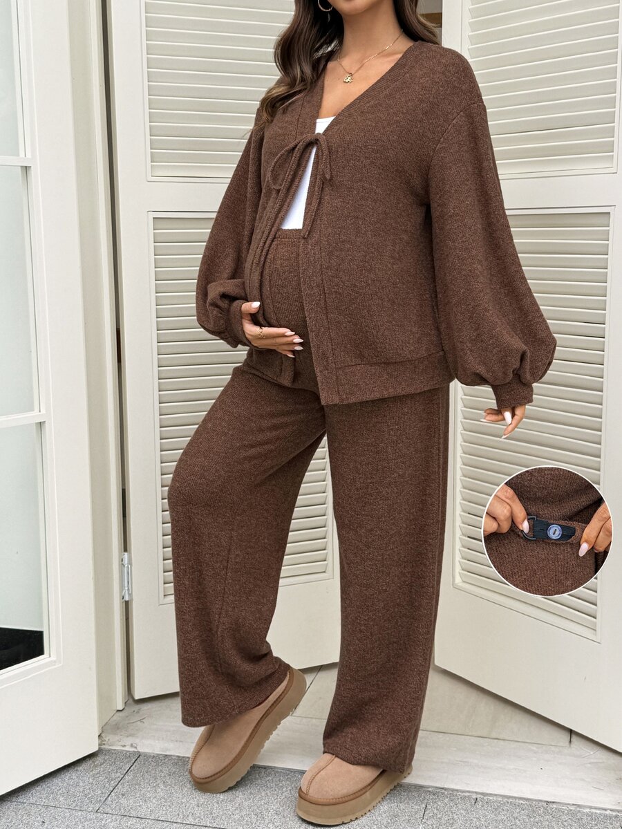 SHEIN Fall Maternity Solid Color Front Tie Drop Shoulder Long Sleeve Jacket And Adjustable Waist Wide Leg Pants Casual Loose Fit 2 Pieces Set Brown - Brown - View 1