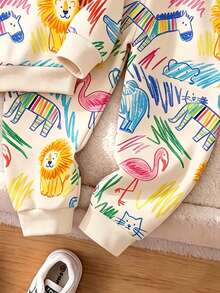 Baby Boys Colorful Graffiti Animal Print 2 Pieces Outfits, Toddler Cute Cartoon Lion Zebra Crewneck Sweatshirt And Sweatpants Set - Multicolor - View 4