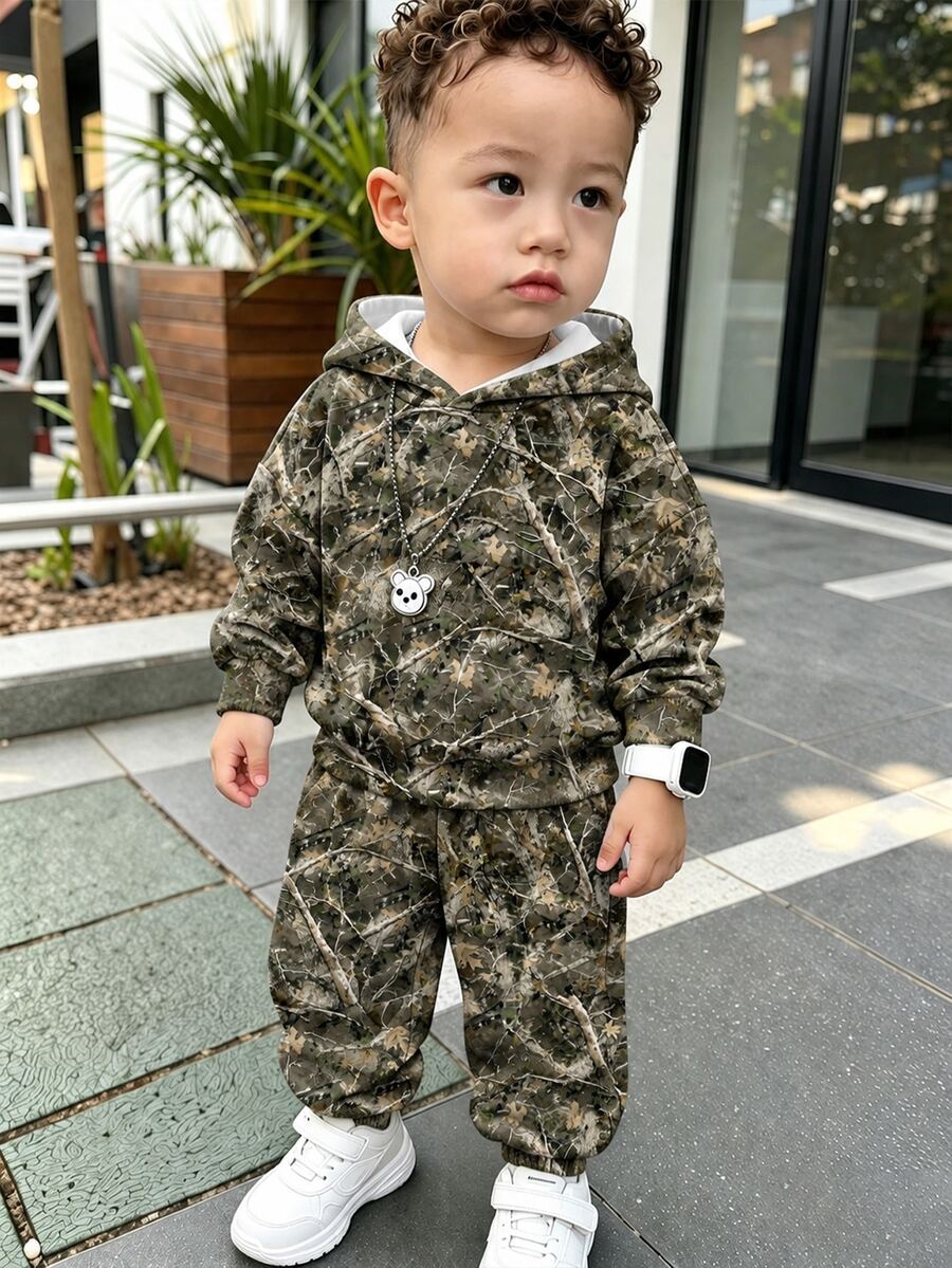 男嬰休閒時尚亮色樹枝葉紋連帽衛衣與運動長褲套裝,2026秋冬款 - 彩色 - 查看 1