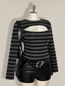 SHEIN ICON Plus Size Cutout Sexy Striped Colorblock Long Sleeve T-Shirt - Multicolor - View 10