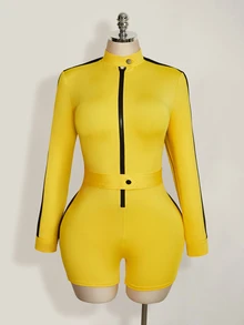 SHEIN ICON Plus Size Women's Zipper Front Long Sleeve Y2K Yellow & Black Contrast Color Romper, Halloween - Yellow - View 3