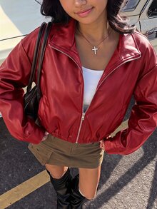 SHEIN 青少年女孩純色PU皮革拉鍊休閒百搭日常長袖夾克 - 紅色 - 查看 1