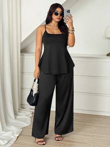 SHEIN CURVE+ Plus Size Knitted Round Neck Cinched Waist Ruffle Hem Sexy Lace French Style Commuter Versatile Camisole - Black - View 4