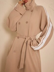 SHEIN PETITE Jaket Trench Coat Kasual Serbaguna dengan Ikat Pinggang dan Desain Blok Warna untuk Wanita - Khaki - View 8