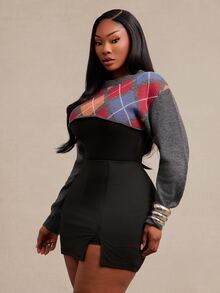 SHEIN SXY Plus Size Women's Diamond Lattice Casual Daily Long Sleeve Sweater - Multicolor - View 4
