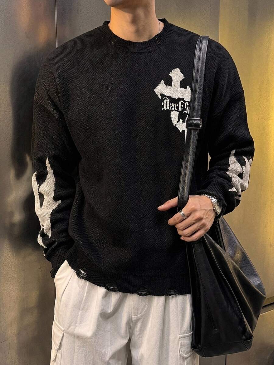 DAZY Men's Letter Pattern Casual Daily Long Sleeve Sweater - Black - View 1