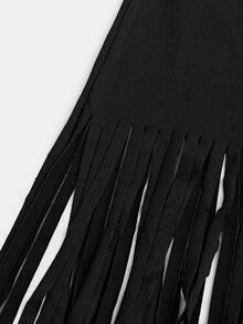 Linhara CURVE Asymmetrical Shoulder Long Sleeve Knit Fitted Bodycon Mini Black Dress With Tassel Hem, Elegant Party Performance Dress, Plus Size - Black - View 6
