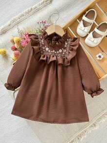 LMoss Kids Infant & Baby GirlVintage Pastoral Style Long Sleeve Dress, Coffee Color Ruffle Flutter Sleeve, Spring/Autumn, Chic Versatile Outfit For Outings - Multicolor - View 5