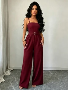 SHEIN Raffinéa Women's Elegant Spaghetti Strap Jumpsuit With Mesh Cape Top Set - Burgundy - View 4