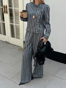 Livesso Women's Elegant Striped Long Sleeve Shirt And Pants 2 Pieces Set - Dark Green - View 4