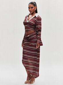NYA SZN 女款設計師條紋拼接上衣與不對稱下擺裙套裝 - 紅色 - 查看 6