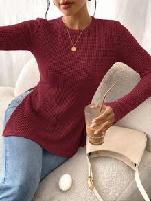 SHEIN Frenchy Solid Waffle Knit Split Hem Tee Burgundy/Wine - Rose Red - View 6