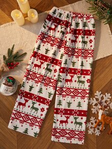 Dream Adore Women's Christmas Element Print Plush Pajamas With Bow Decor, Soft And Comfortable For Autumn/Winter, Women's Sleep Pants, Perfect Holiday Gift For Sleeping - Red - View 2
