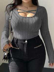 Dazy Plus Sexy Criss-Cross Strappy Fitted Long Sleeve T-Shirt - Grey - View 6