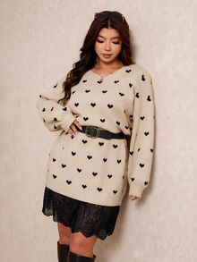 Elaquor Plus Size Women's Lace Patchwork All-Over Print Casual Daily Knit Dress Winter - Apricot - View 6