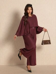 Elaquor Plus Size Women's Fashion Solid Color Belted Cape Wide Leg Jumpsuit - Burgundy - View 1