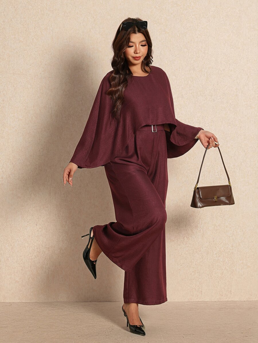 Elaquor Plus Size Women's Fashion Solid Color Belted Cape Wide Leg Jumpsuit - Burgundy - View 1