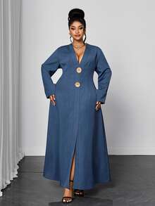 Maweii Plus Size Women's Casual Commute V-Neck Long Sleeve Large Button Decor Cinched Waist Dress Fall - Blue - View 6
