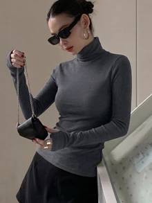 DAZY 女款純色長袖高領彈性抓絨T恤，秋冬學院風上衣 - 深灰色 - 查看 2