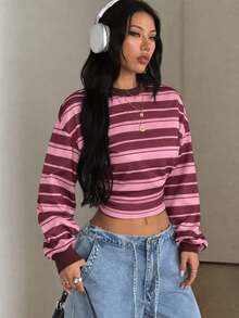 Coolane 女款秋季四季通用外出休閒可愛復古日常穿著返校條紋拼色粉色修身長袖收腰上衣 - 粉色 - 查看 3