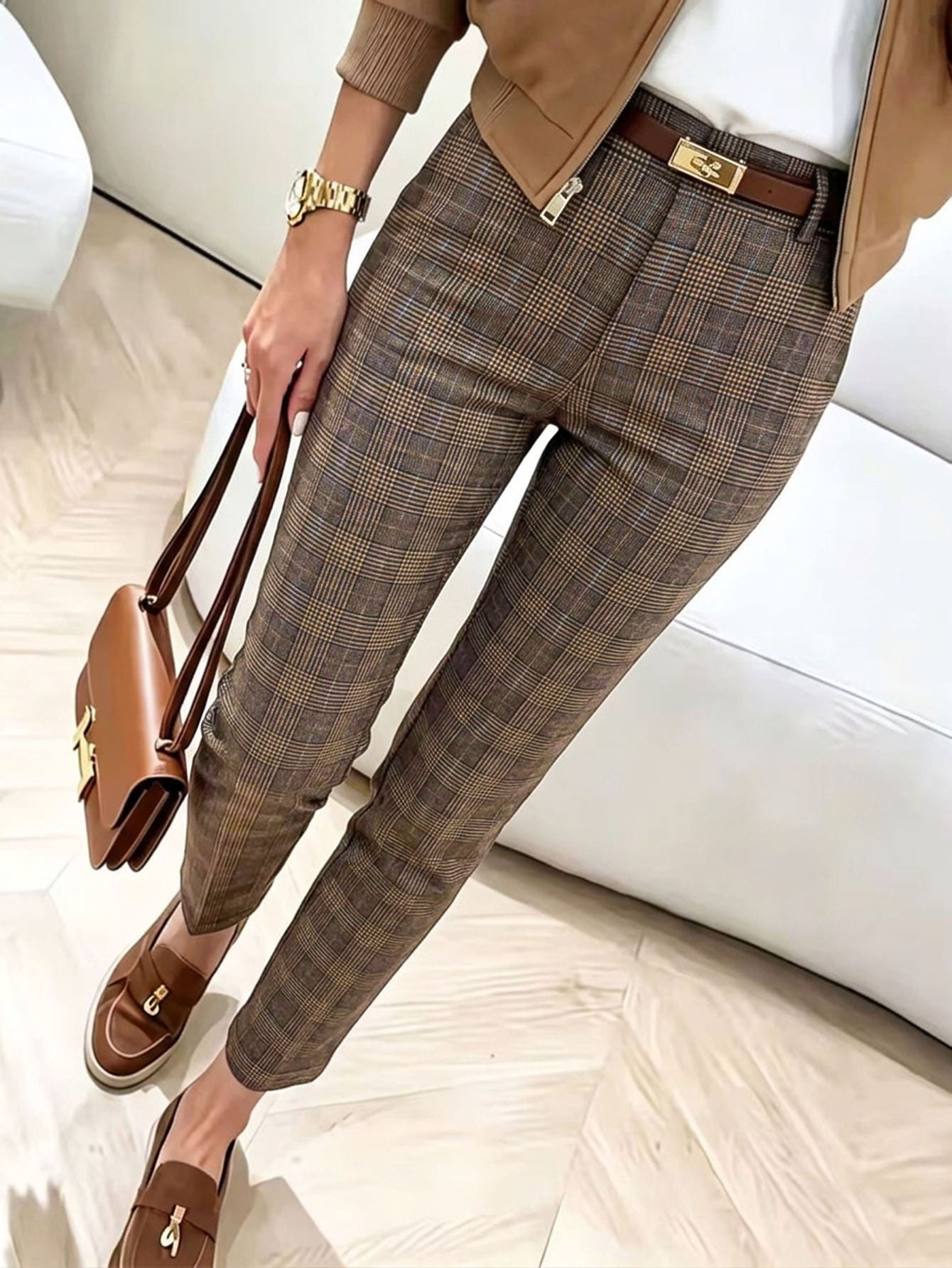 SHEIN LUNE بنطال طويل كاجوال بنمط مربعات بقصة ضيقة للنساء - متعدد الألوان - مشاهدة 1