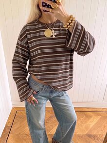 SHEIN EZwear 海外長袖巧克力條紋上衣，秋季上衣，適合日常通勤、聚會、秋冬春夏、聖誕節、新年、感恩節、派對、婚禮、海灘、畢業典禮、優雅、外出、約會、通勤、情人節、優雅、度假、Y2K、畢業典禮等場合 - 彩色 - 查看 3