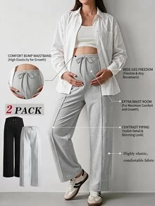 Modmama 2-Pack Maternity Solid Color Drawstring-Waist Straight-Leg Casual Pants Fall - Multicolor - View 1