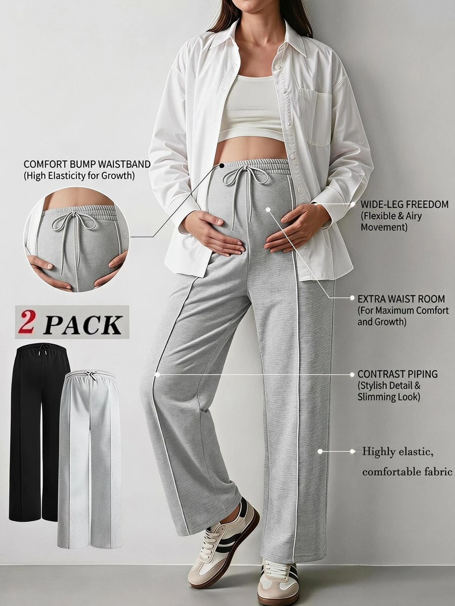Modmama 2-Pack Maternity Solid Color Drawstring-Waist Straight-Leg Casual Pants Fall - Multicolor - View 1