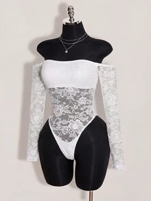 SHEIN ICON 女款露肩蕾絲拼接性感百搭約會與外出連身衣 - 白色 - 查看 8