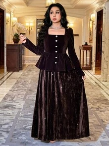 Modelyn Women's Elegant Faux Pearl Decor Waist-Cinching Top And Sequin Maxi Skirt 2 Pieces Set - Coffee Brown - View 4