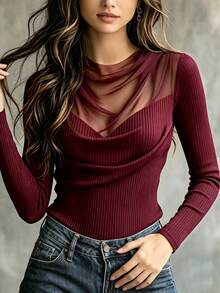 SHEIN 女款純色拼接網紗百褶長袖時尚T恤 - 酒紅色 - 查看 4