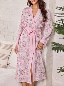 Serenescape Vacation Style V-Neck Ink Wash Pink Floral Contrast Color Loose Long Sleeve Women's Robe - Multicolor - View 3