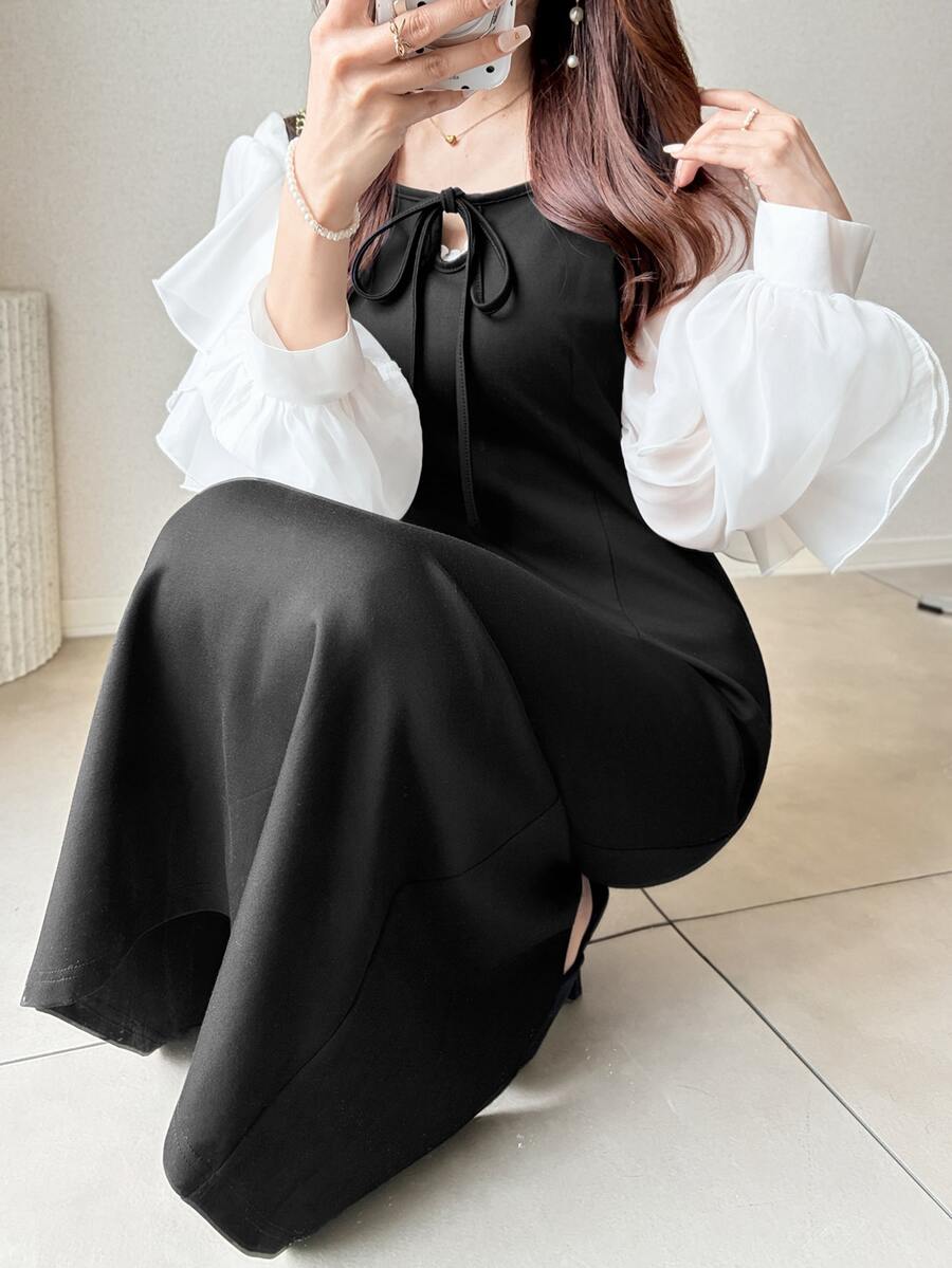 FRIFUL Women's Colorblock Patchwork Ruffle Long Sleeve Front Tie Elegant Dress - Black - View 1
