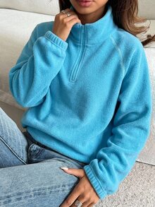 DAZY Women's Raglan Long Sleeve Zipper Half-Placket Casual Sweatshirt - Blue - View 2