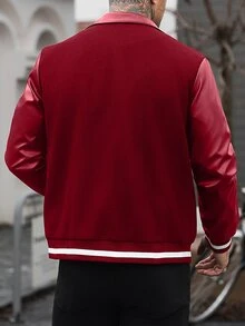 Manfinity CasualCool Men's Solid Colour Patchwork Front Button Long Sleeve Letter Print Casual Baseball Jacket,Teamjacket - Red - View 2