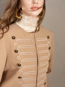 MOTF PREMIUM METAL BUTTON DECOR ROUND NECK BRAIDED ROPE SHORT JACKET URBAN RENAISSANCE STREET STYLE CASUAL FASHION CREATIVE PERSONALIZED STREETWEAR - Khaki - View 1