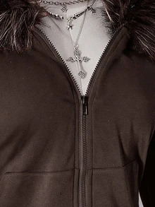 SHEIN ICON Plus Size Women's Y2K Retro Fur Collar Patchwork Regular Sweatshirt Jacket With Pocket Fall - Coffee Brown - View 9