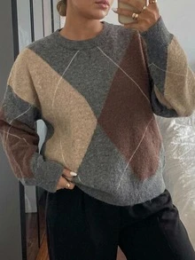 Dazy Plus Áo len chui đầu cổ tròn casual phối màu nâu patchwork họa tiết lưới kim cương, phong cách đi làm mùa thu/đông mới - màu nâu - Xem 6