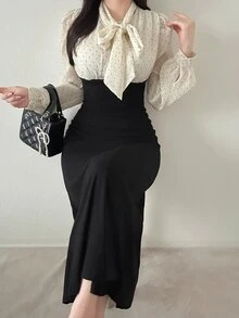 FRIFUL Women's Polka Dot Colorblock Casual Party Long Dress - Black - View 9