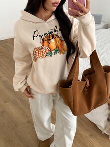 Feyla Casual Minimalist Printed Pattern Apricot Hooded Long Sleeve Loose Thick Sweatshirt For Women - Apricot - View 1