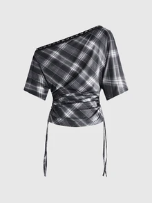 ROMWE Grunge Punk Women's Plaid Knit Printed Asymmetric Shoulder Button Cinched Waist T-Shirt - Black - View 2