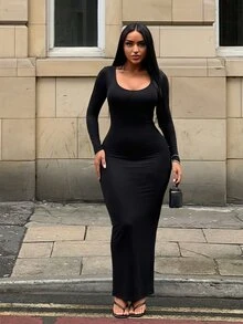 SHEIN SXY 黑色保暖內裡U領長袖修身洋裝 - 黑色 - 查看 8