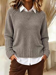 Breezaya Women's Round Neck Knit Sweater, Dropped Shoulder Long Sleeve, Loose Fit, Slouchy, Versatile Top - Khaki - View 1
