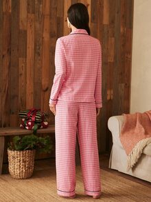 Lullawish Bohemian Vintage Plaid Print Contrast Trim Open Front Woven Women's Pajama Set - Multicolor - View 3