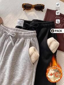 SHEIN EZwear 秋冬女款保暖內裡加厚寬鬆休閒寬腿運動褲2件套，買1送1，超保暖，適合日常通勤、約會、派對、秋冬、夏季、婚禮、海灘、畢業典禮，優雅休閒，適合外出，Y2K風格，聖誕節等 - 彩色 - 查看 4